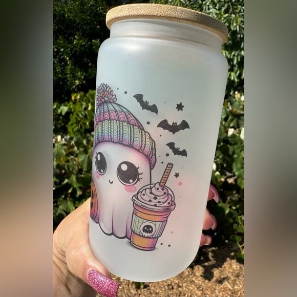 Cute ghost with coffee and beanie frosted Libbey can glass 16oz - Picture 3 of 4